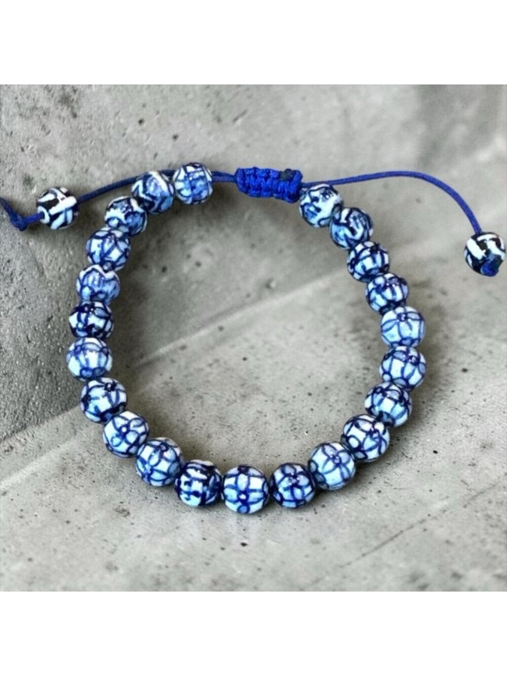 VTG Blue White Porcelain Beaded Bracelet Chinese Knot Art 24 Bead Adjustable